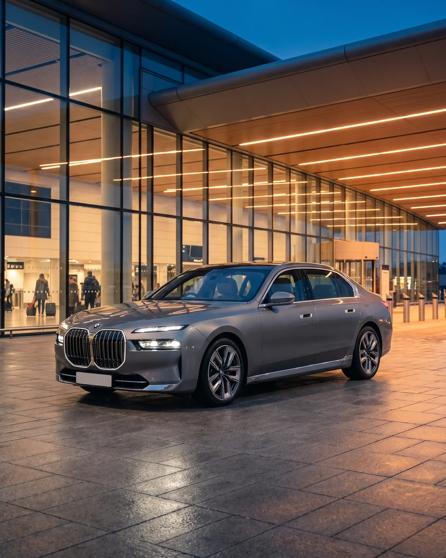 Illustrative premium graphite saloon outside an airport terminal at blue hour