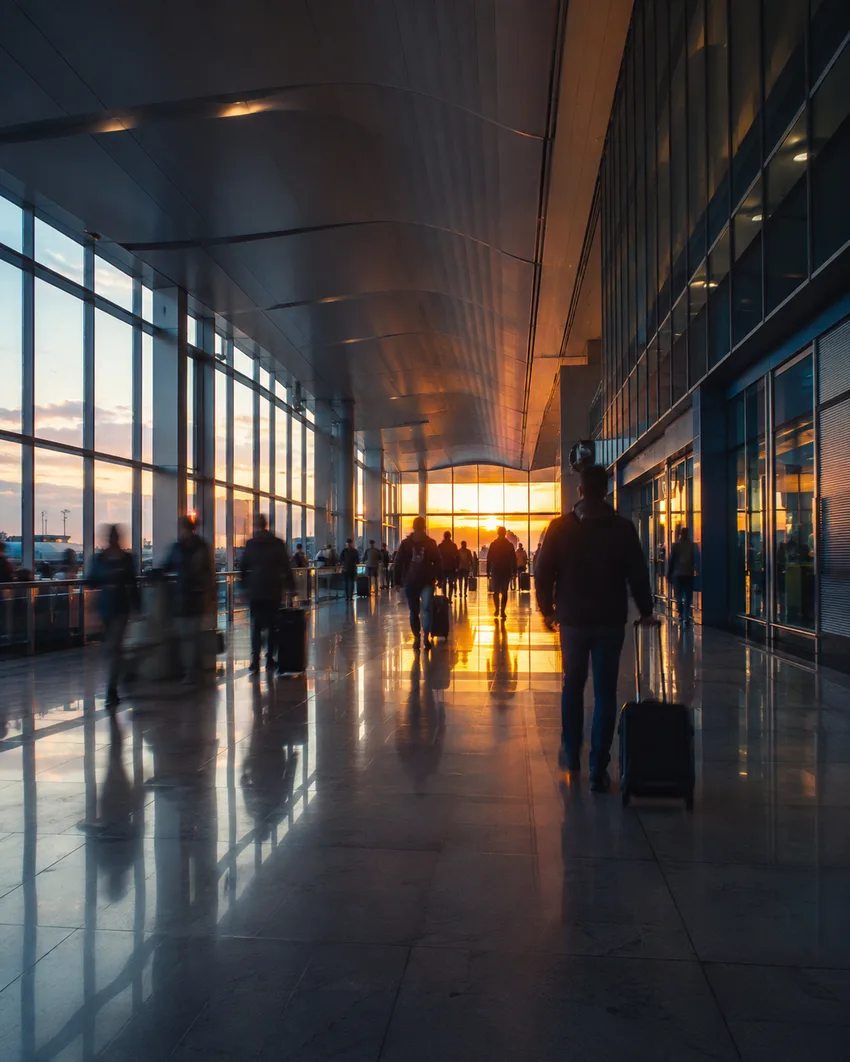 Illustrative terminal scene with travellers in motion